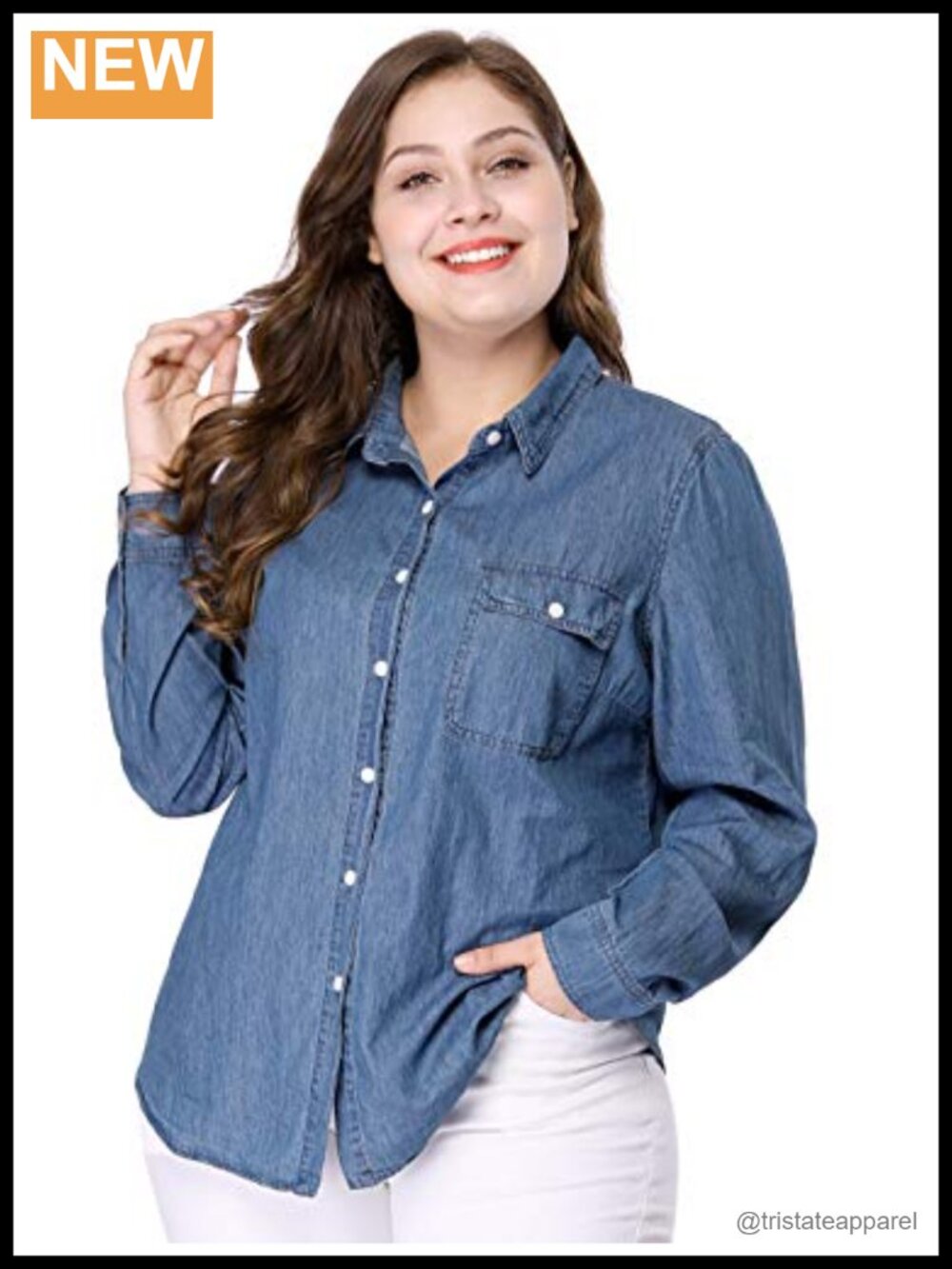 Plus Size Long Sleeve Button Down Chambray Shirt with Chest Pocket